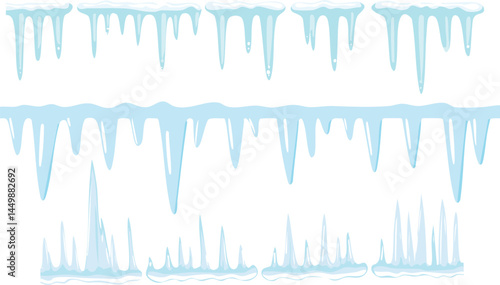 Vector Illustration of Icicles Hanging from a Winter Scene with Blue and White Frozen Water, Transparent Ice Formations, and Crystalline Structures

