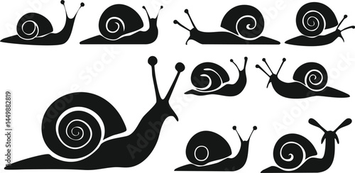 snail, Vector Collection of Black and White Snail Silhouettes in Minimalist Design Featuring Symmetrical Shells and Curled Antennae, Cute Gastropod Illustrations for Nature Icons

