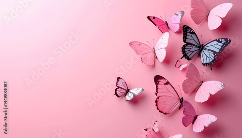 Beautiful butterflies on a pink background with copy space
