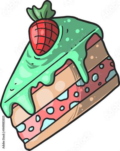 Delicious Strawberry Cake Slice with Mint Icing A Sweet Treat Illustration