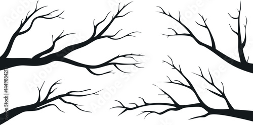 Vector Illustration of Silhouette Tree Branches in a Stark Black and White Minimalist Style with Intricate Branch Patterns and High Contrast Design

