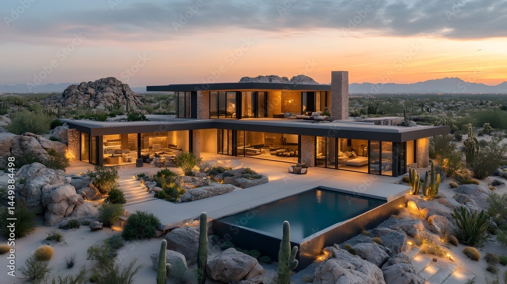 Fototapeta premium desert modern house, flat roof and adobe textures, landscape design with cactus and rock garden, aerial view, dry terrain