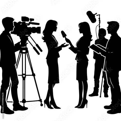 Silhouette of News Interview with Reporters and Cameras