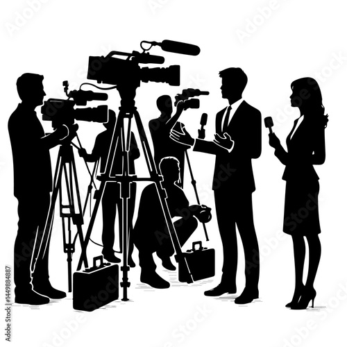 Silhouette of News Interview with Reporters and Cameras