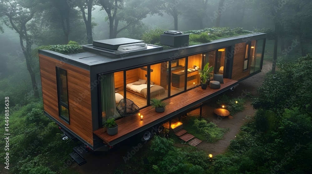 Obraz premium tiny house on wheels, modern wood paneling, parked in forest clearing, soft natural lighting, aerial perspective