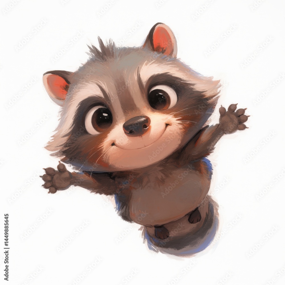 Obraz premium A cartoon raccoon smiles widely, holding its arms up. Cute and cuddly