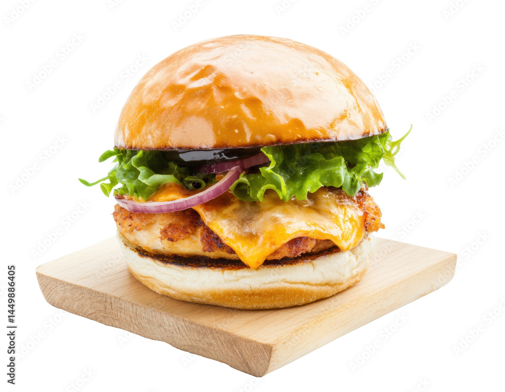Delicious chicken burger with fresh lettuce and cheese on wooden board on a transparent background, cut out Delicious chicken burger with fresh lettuce and cheese on wooden board on a transparent background, cut out