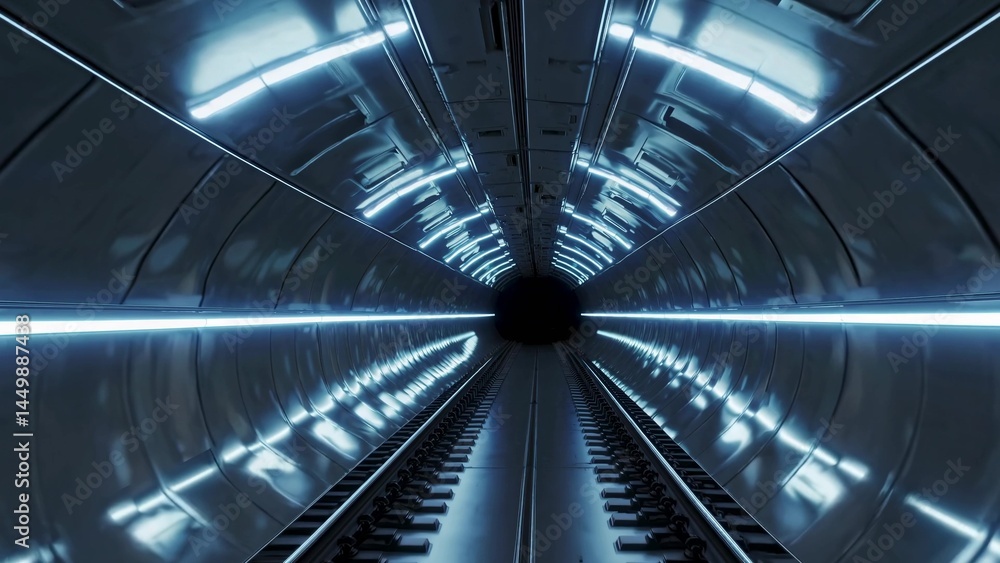 Empty futuristic subway tunnel with glowing blue neon lights illuminating smooth metallic walls and rails disappearing into darkness creating a sense of mystery and anticipation Empty futuristic subway tunnel with glowing blue neon lights illuminating smooth metallic walls and rails disappearing into darkness creating a sense of mystery and anticipation