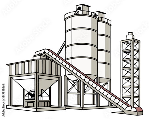Vector illustration of a cement manufacturing plant with silos and conveyor belts, isolated on white background.
