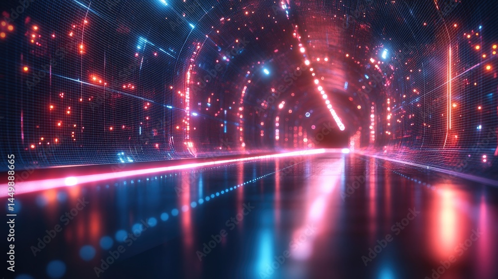 Obraz premium A mesmerizing digital tunnel illuminated by vibrant lights and reflections, creating a futuristic atmosphere for immersive experiences