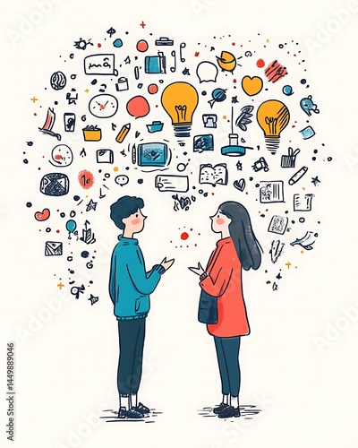 Doodle concept of two people mirroring each other's gestures and posture, surrounded by icons of trust, understanding, and friendliness Relationship Building Influence and Communication Empathy 