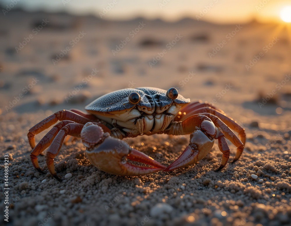 Crab on Sandy Beach at Sunset – Close-Up Shot of Crab in Natural Habitat with Warm Golden Light Crab on Sandy Beach at Sunset – Close-Up Shot of Crab in Natural Habitat with Warm Golden Light