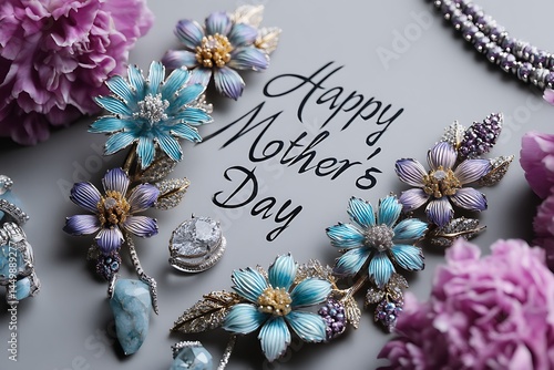 A luxurious Mother's Day card with a beautifully scripted "Happy Mother's Day" message, surrounded by a blend of vibrant flowers and stunning jewelry pieces, all captured in ultra-clear detail.
