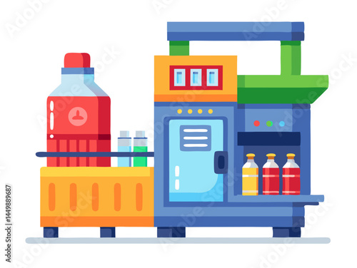 Vector of a machine packaging bottled drinks or snacks, isolated on white background.
