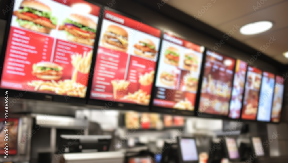 A blurred background of a fast food restaurant interior, with digital menu boards displaying meal options and a customer sitting at a table, using a mobile phone to order online. A blurred background of a fast food restaurant interior, with digital menu boards displaying meal options and a customer sitting at a table, using a mobile phone to order online.