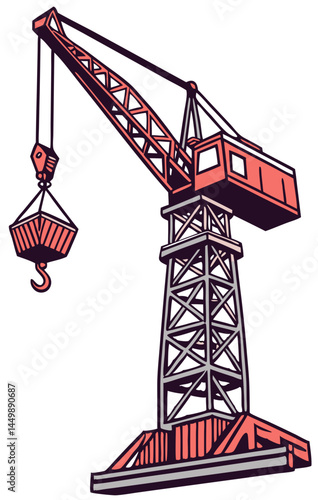 Vector of a large industrial crane lifting heavy materials, isolated on white background.
