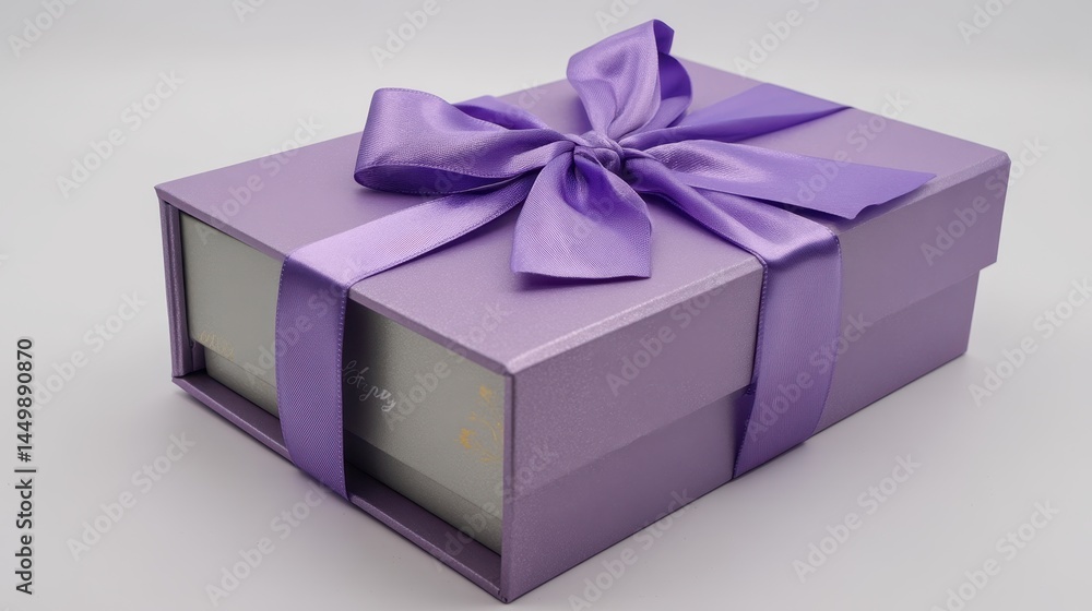 Lilac-colored gift box with satin ribbon, rectangular shape, placed against a plain white background, soft lighting adds warmth Lilac-colored gift box with satin ribbon, rectangular shape, placed against a plain white background, soft lighting adds warmth