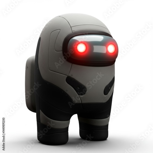 Close up of a gray and black among us character with glowing red eyes on a white background