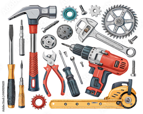 Vector of industrial tools like hammers, wrenches, drills, and gear parts, isolated on white background.
