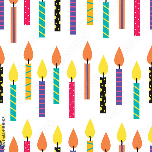 Birthday cake candles with fire flame. Small wax sticks with burning wick isolated on white background. Seamless pattern of candles for holiday party.