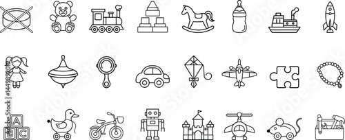 Adorable baby toy icon set featuring playful, fun, and creative designs. Includes rattles, animals, puzzles, and ride  for kids and toddlers. Ideal for nursery, apps, and parenting content.