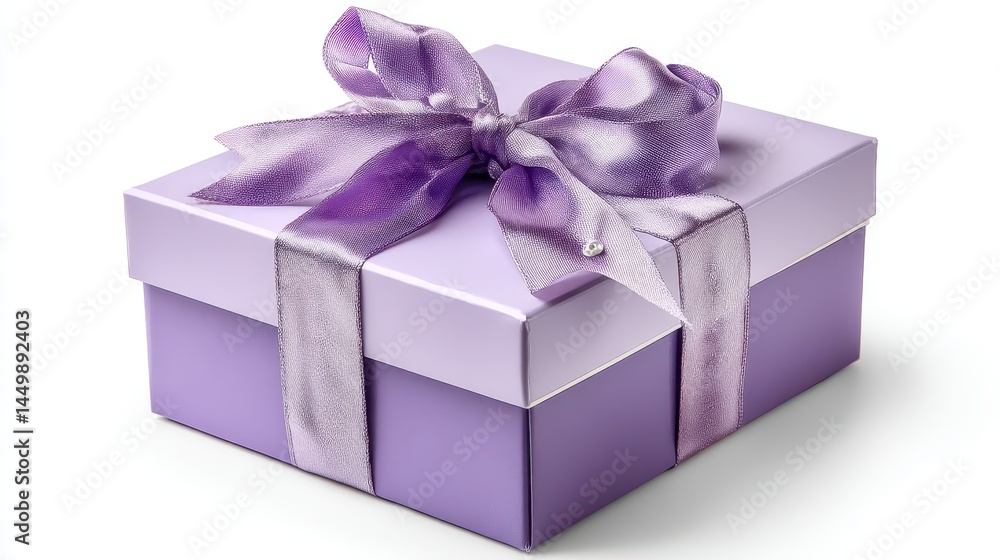 Rectangular pastel lilac gift box wrapped in a silky bow, isolated on clean white background, soft shadows and gentle tones Rectangular pastel lilac gift box wrapped in a silky bow, isolated on clean white background, soft shadows and gentle tones