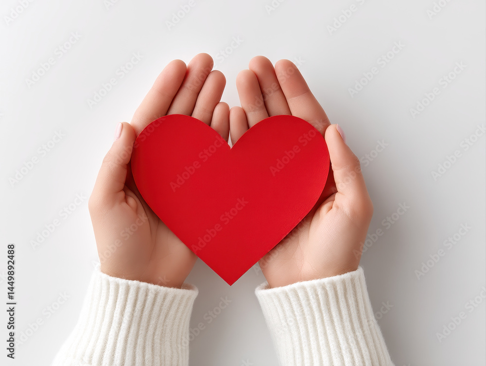 Fototapeta premium Heart cutout held gently in open hands conveys love and care, symbolizing affection and warmth