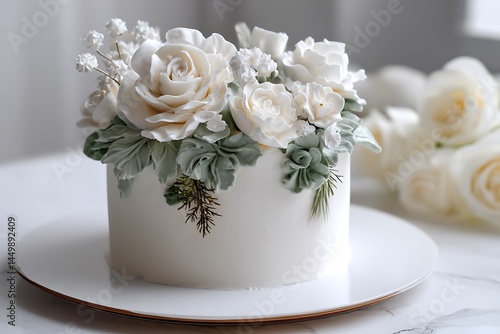 A minimalist Father's Day cake elegantly decorated with subtle floral elements, surrounded by a soft arrangement of white roses and greenery, creating a serene and sophisticated atmosphere.  