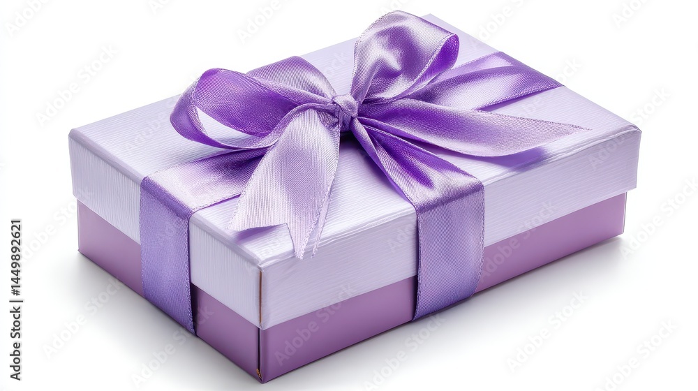 Rectangular pastel lilac gift box wrapped in a silky bow, isolated on clean white background, soft shadows and gentle tones Rectangular pastel lilac gift box wrapped in a silky bow, isolated on clean white background, soft shadows and gentle tones