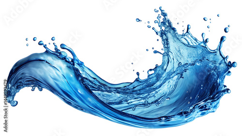 Blue water wave splash isolated on white background for fresh liquid movement design use