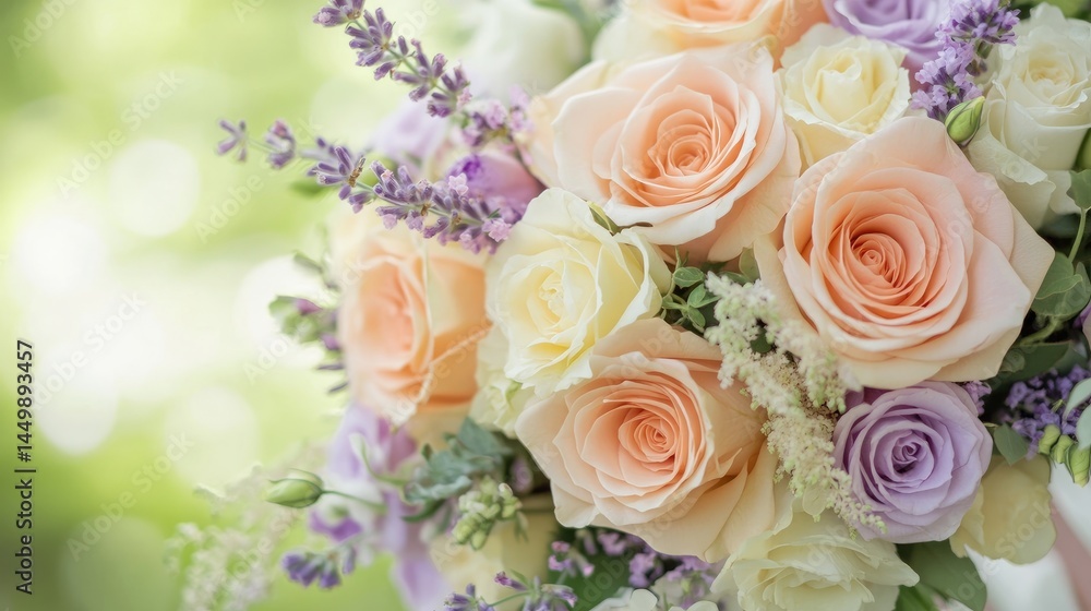 A charming bouquet combining peach and lavender roses with light yellow flowers, creating a soft, vintage-inspired arrangement perfect for weddings and celebrations A charming bouquet combining peach and lavender roses with light yellow flowers, creating a soft, vintage-inspired arrangement perfect for weddings and celebrations