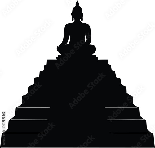 Silhouette of Buddha peacefully meditates atop a stepped pyramid in this striking transparent image