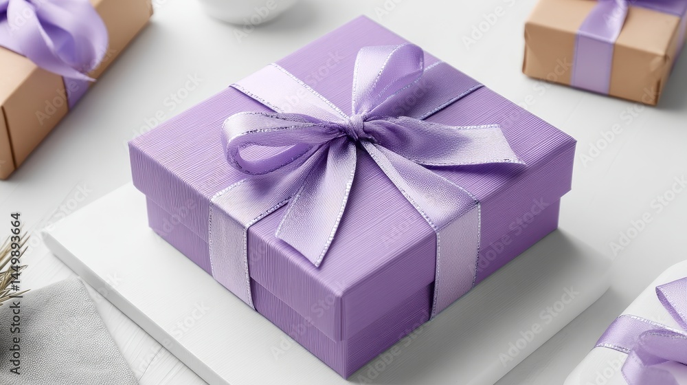 Obraz premium Wrapped gift box in lilac tones, with a centered bow and clean lines, resting on a white background in a minimalist composition