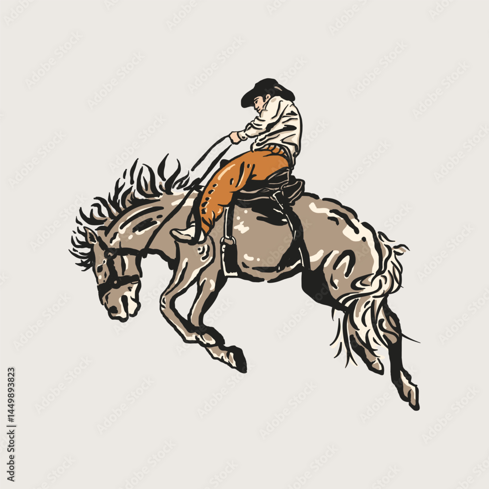 Fototapeta premium Bronco Buster Rodeo Cowboy Action Sketch