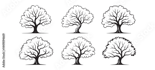 Black and White Elm Tree Vector Logo Set – Hand-Drawn Tree Silhouette Icons
