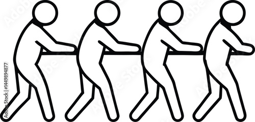 Four line art figures engage in a tug of war on transparent background