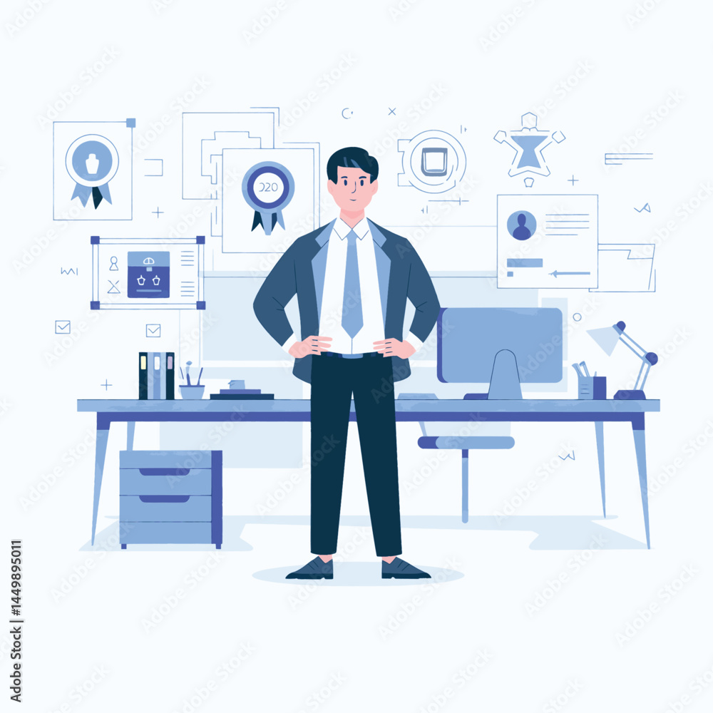 businessman pose on office background illustration flat businessman pose on office background illustration flat