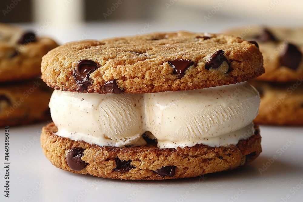 Fototapeta premium Delicious chocolate chip cookie ice cream sandwich on a sunny day