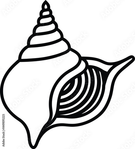 Outlined conch shell exhibits intricate interior details and spiral structure; transparent background