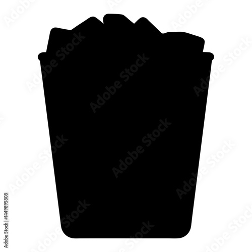 A stark silhouette of a wastepaper bin overflowing with discarded papers