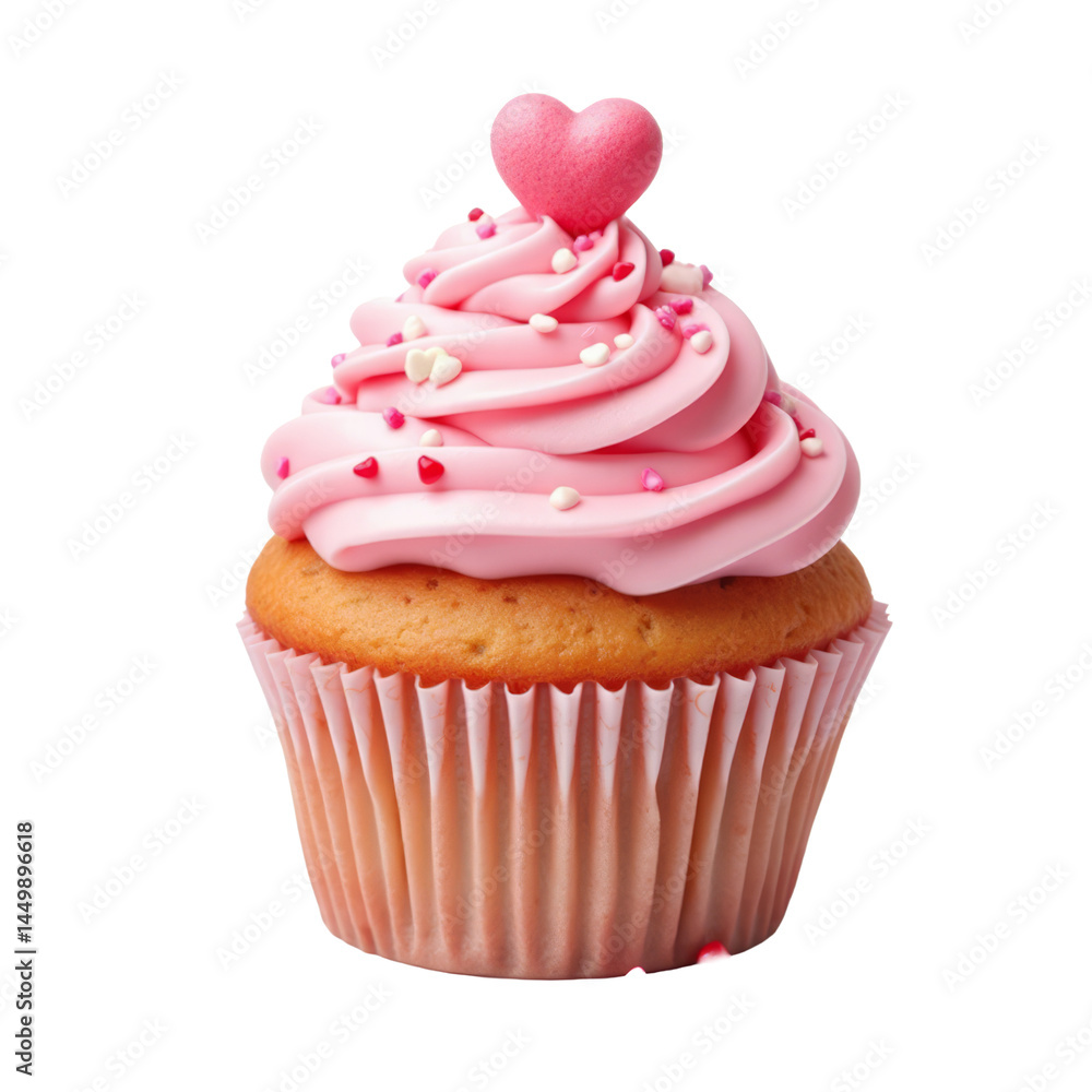 Cupcake with Pink Frosting and Heart Sprinkles – A delightful cupcake with pink frosting and heart-shaped sprinkles, isolated on a white background. Cupcake with Pink Frosting and Heart Sprinkles – A delightful cupcake with pink frosting and heart-shaped sprinkles, isolated on a white background.