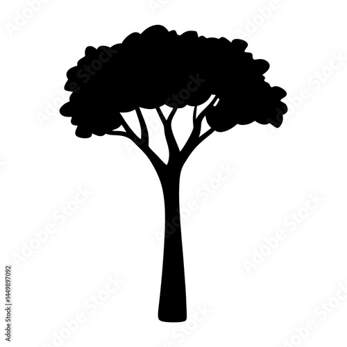 Silhouette of a deciduous tree with a full canopy against a white background