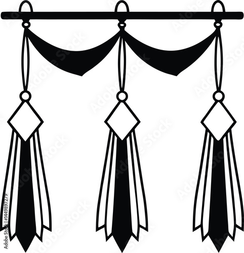 Black drapery hangs from a rod with three diamond shaped tassels on a transparent background