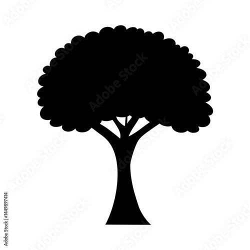 A solitary tree silhouette with a full rounded canopy on white background