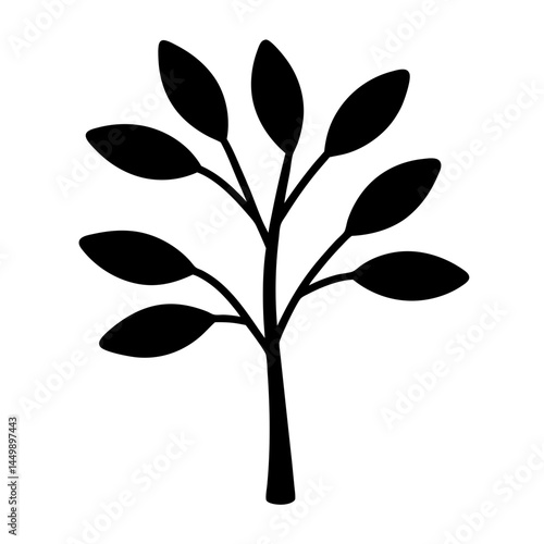 Simple black silhouette of a young tree with many leaves, nature art