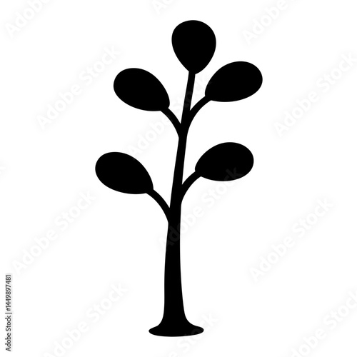 Simple, stylized black silhouette of a plant with rounded leaf shapes on a white background