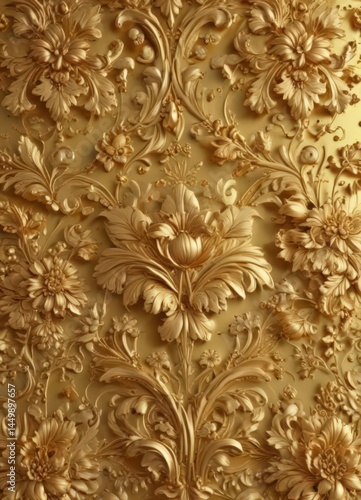 Golden damask floral background  Intricate leaf & flower motifs , gold, fabric, elegant