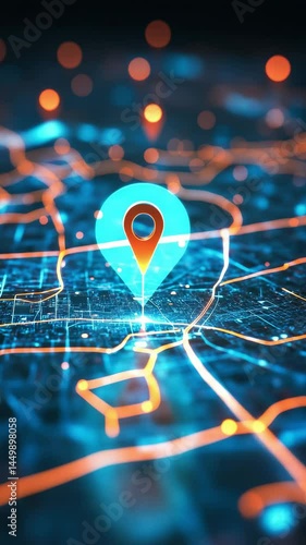Digital Map with Location Markers, Advanced GPS Navigation, Futuristic Global Positioning Technology, Virtual Geographic Data. Digital technology footage