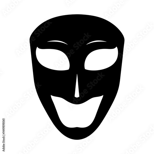A stylized graphic representation of a smiling mask with black outline