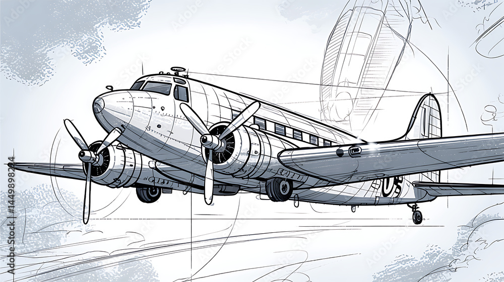 Naklejka premium Vintage Airplane in Flight: Sketch Style Illustration